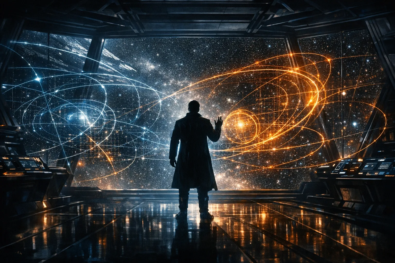Silhouetted figure standing on a star destroyer command bridge surrounded by glowing holographic navigation grids and star maps in cinematic sci-fi lighting