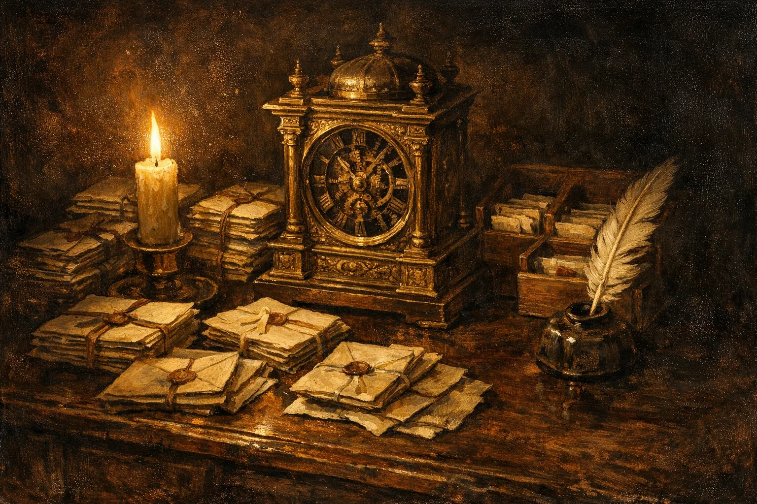 Baroque oil painting of a brass mechanical clock surrounded by sealed letters and a burning candle on a dark wooden desk, rendered in warm Rembrandt lighting with deep shadows