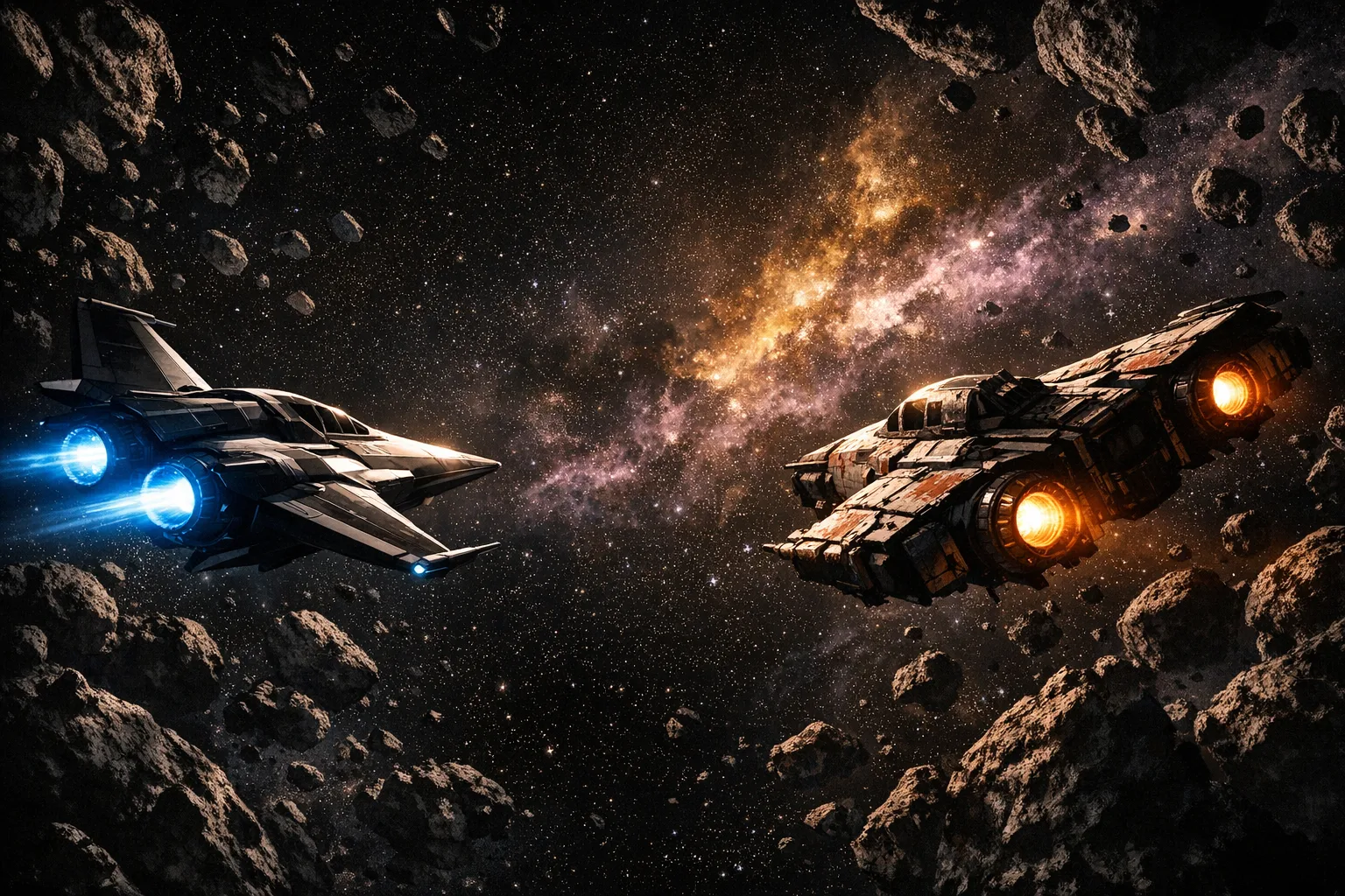 Two starfighters facing off in deep space, one sleek and modern with blue engine glow, one older and battle-worn with amber lighting, dramatic cinematic composition against a nebula backdrop