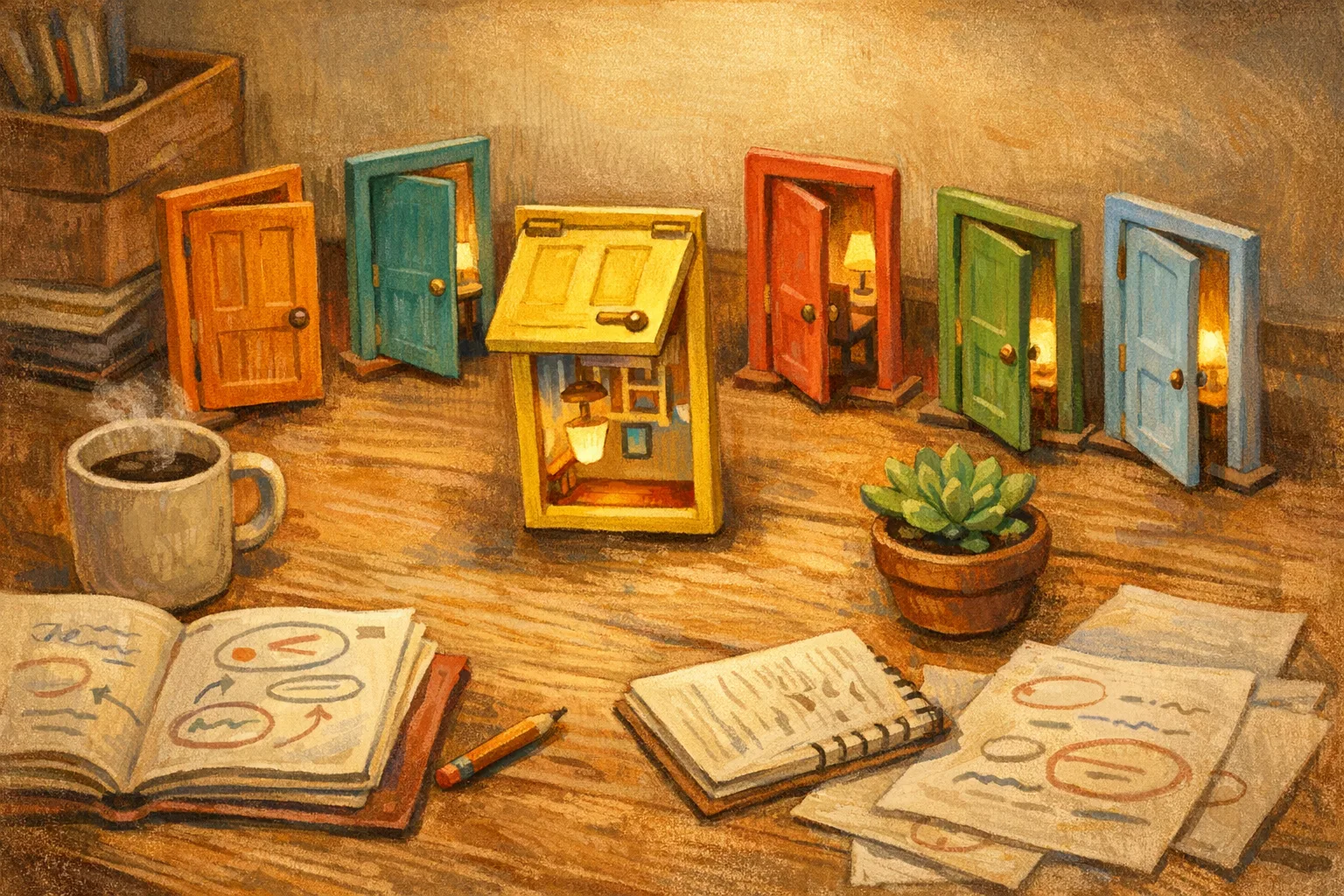 Illustrated desk scene with several small colorful doorways leading to tiny glowing rooms, one door installed upside down, surrounded by notebooks, a coffee mug, and loose papers, representing the disorienting process of choosing the right CRM software