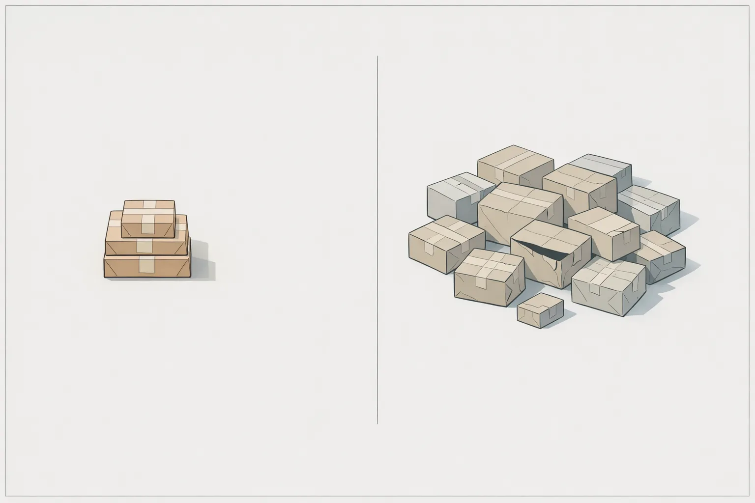 Illustration of a sorting table with two stacks of shipping packages side by side, one neat and compact on the left, one larger and disorganized on the right, separated by a thin center line, representing the difference between domestic and overseas dropshipping suppliers