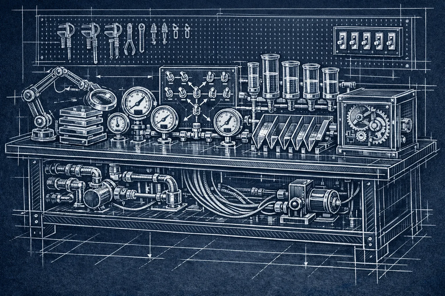 Technical blueprint illustration of a complex testing workbench with gauges, branching switch panels, glass tubes, and cross-section mechanical components, rendered in precise drafting style on navy paper