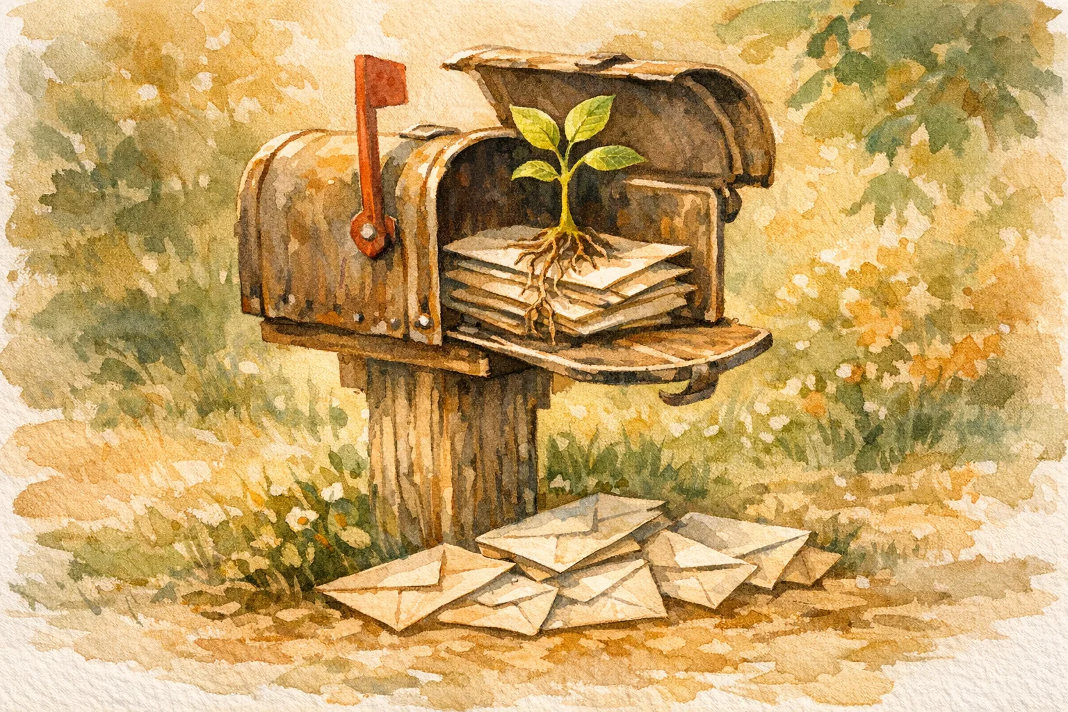 Watercolor illustration of a weathered wooden mailbox with a small green seedling growing from inside it, envelopes arranged at the base, warm morning light, the mailbox flag raised on the wrong side