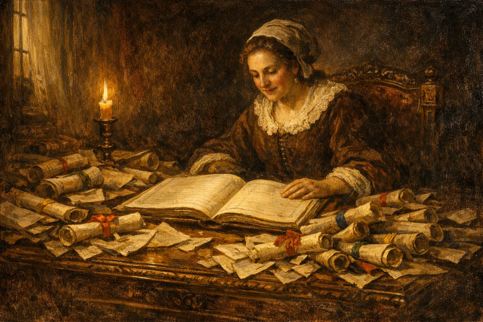 Baroque oil painting of a woman at a candlelit desk surrounded by scattered scrolls and papers, looking with relief at one open organized ledger in warm Rembrandt lighting