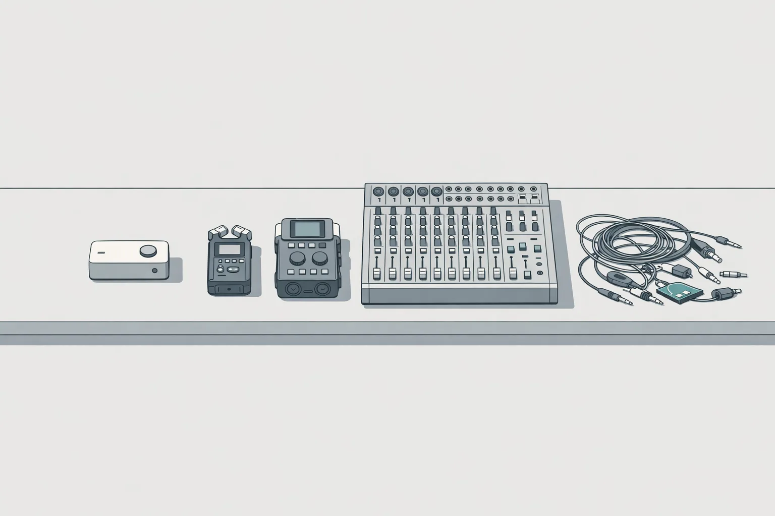 Isometric illustration of a workbench with a row of screen recording and audio tools arranged from simple to complex, representing the spectrum of screen recording software options from beginner-friendly to advanced