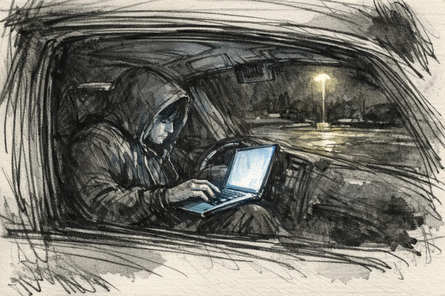 Expressive pencil and ink sketch of a person sitting alone in a car at night, laptop glowing on the steering wheel, viewed through the windshield from outside in an empty parking lot