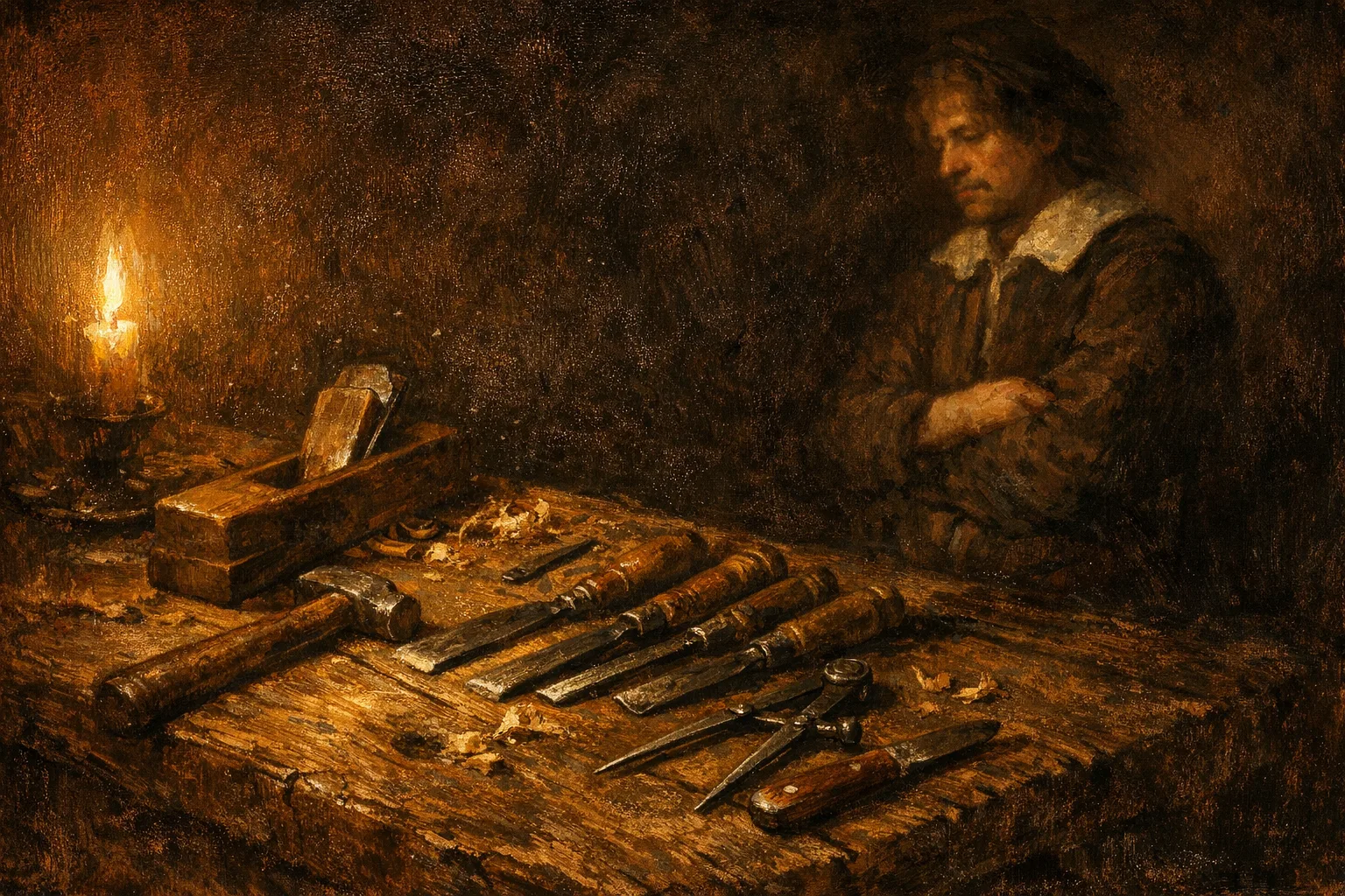 Baroque oil painting of a craftsman standing back from a candlelit workbench covered in hand tools, expression uncertain, dramatic Rembrandt lighting with deep shadows