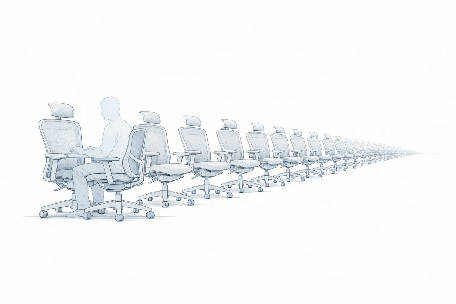 A long row of identical ergonomic office chairs in precise perspective, most empty and slightly askew, one near the front occupied by a faint human figure, rendered in thin lines and muted grey tones against a white background