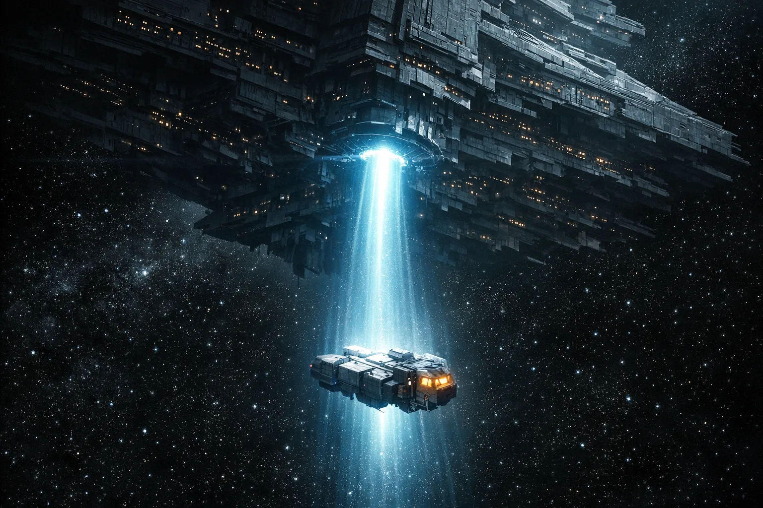 Cinematic sci-fi illustration of a massive dark space station extending a tractor beam onto a small civilian cargo ship in deep space, dramatic scale difference emphasizing the helplessness of the smaller vessel