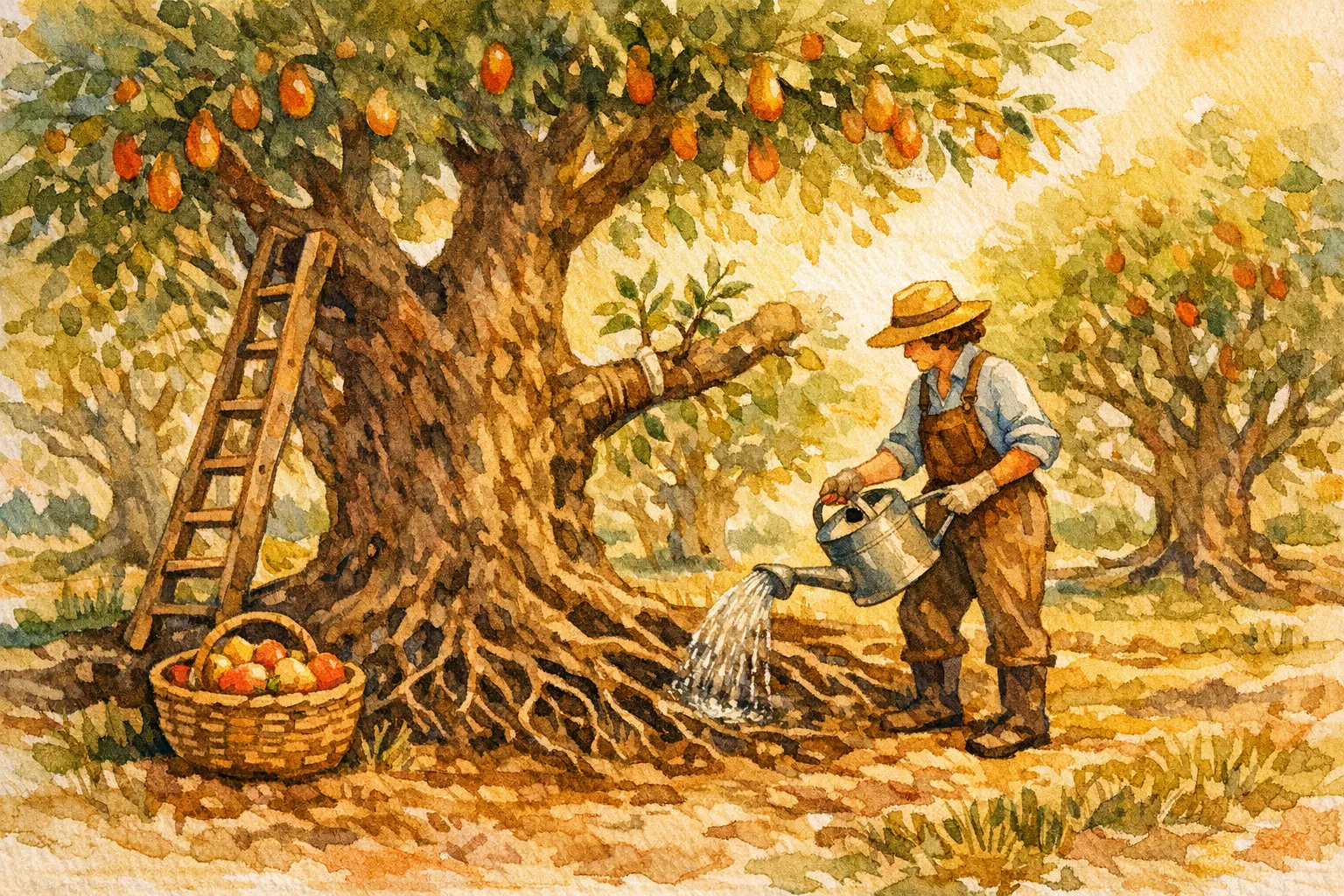 Watercolor illustration of a figure tending a mature orchard with deep-rooted trees, a grafted sapling branch, and a basket of fruit nearby, bathed in warm amber light