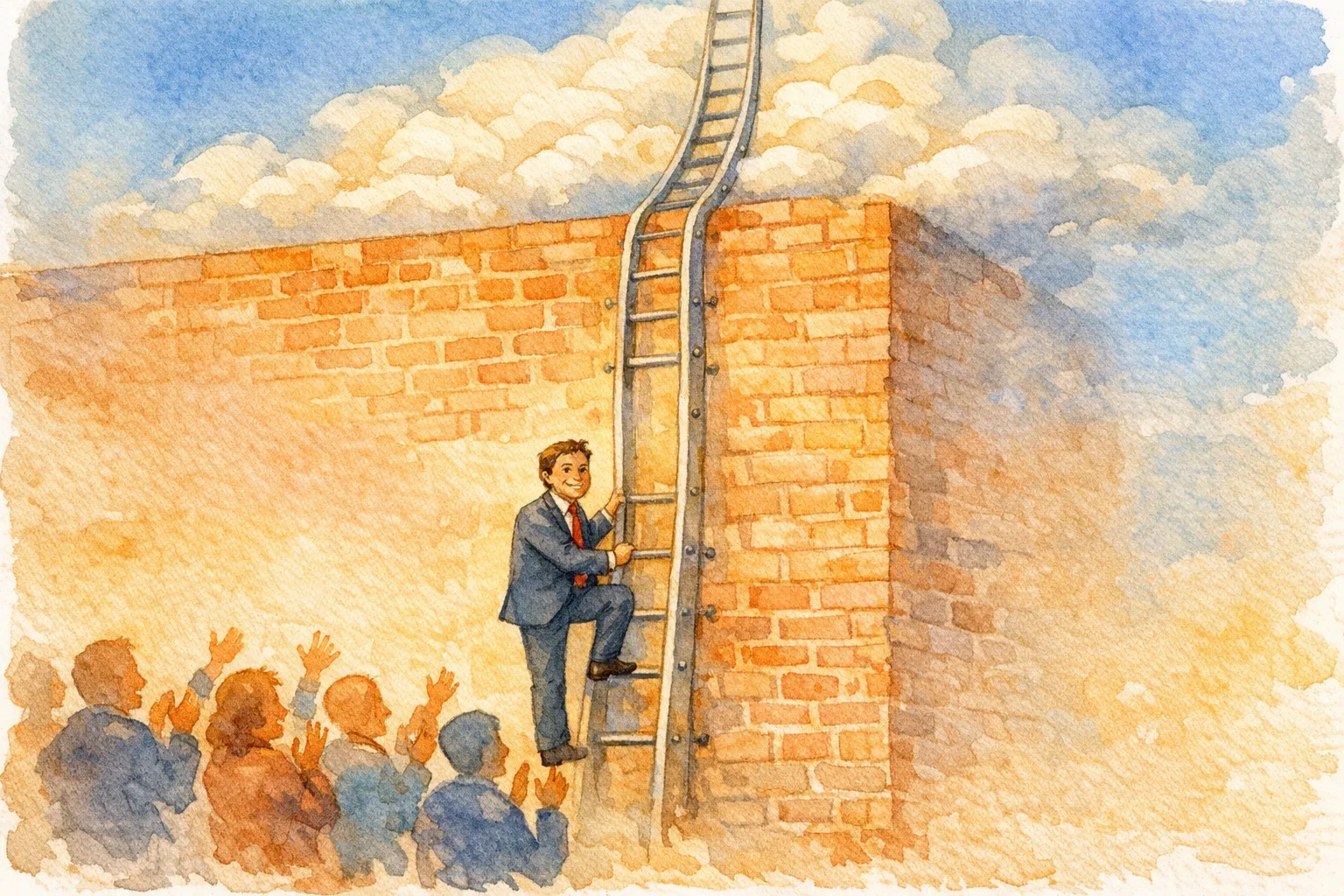 Watercolor illustration of a businessman in a suit placing his foot on the bottom rung of a very tall ladder bolted to a brick wall, with no lower rungs visible and the top disappearing into clouds, while a small crowd of silhouettes claps approvingly below