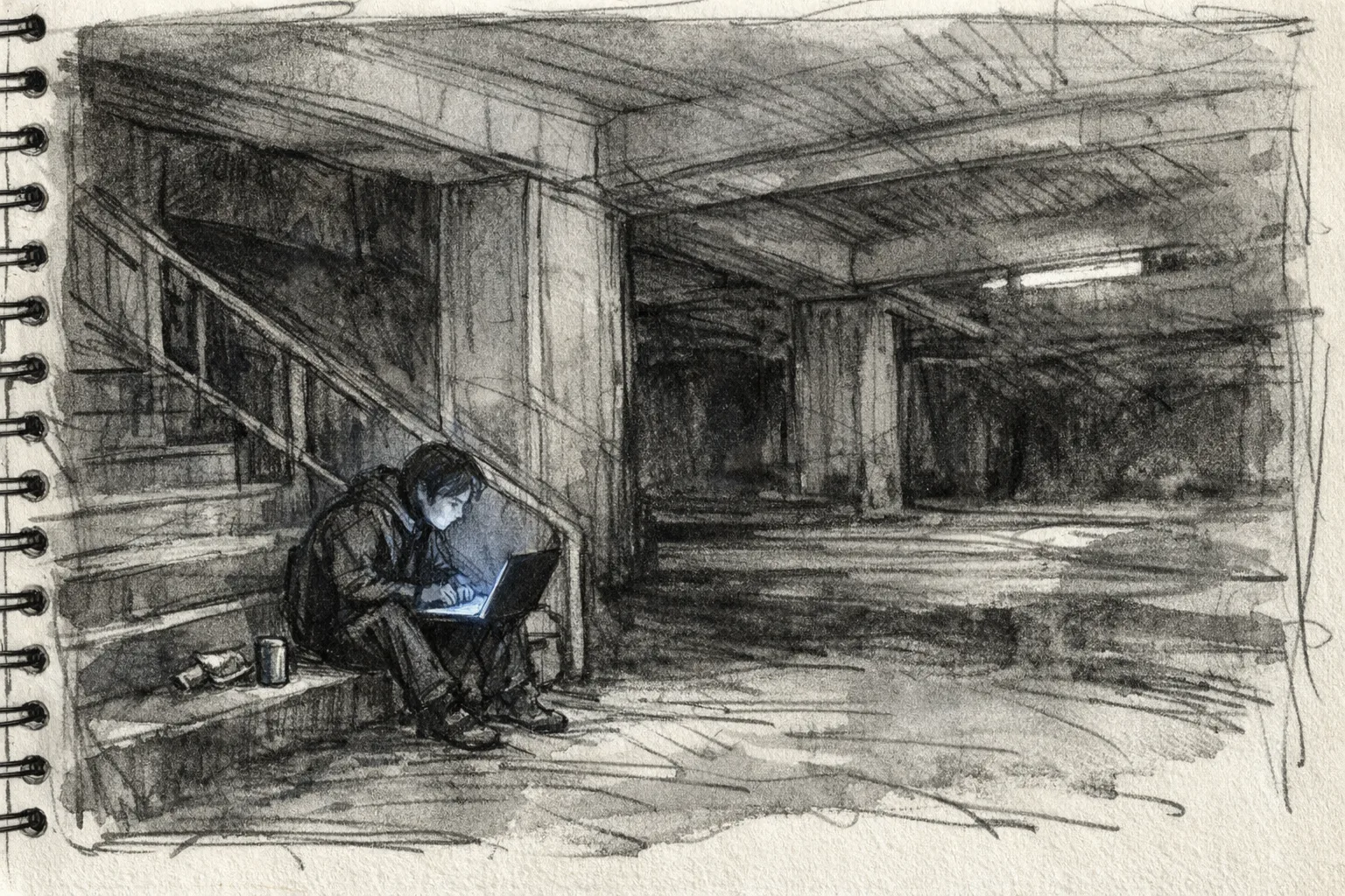 Expressive pencil and ink wash sketch of a lone person sitting on concrete steps in a dark parking garage, illuminated only by the glow of a laptop screen, with a protein bar and sparkling water can beside them