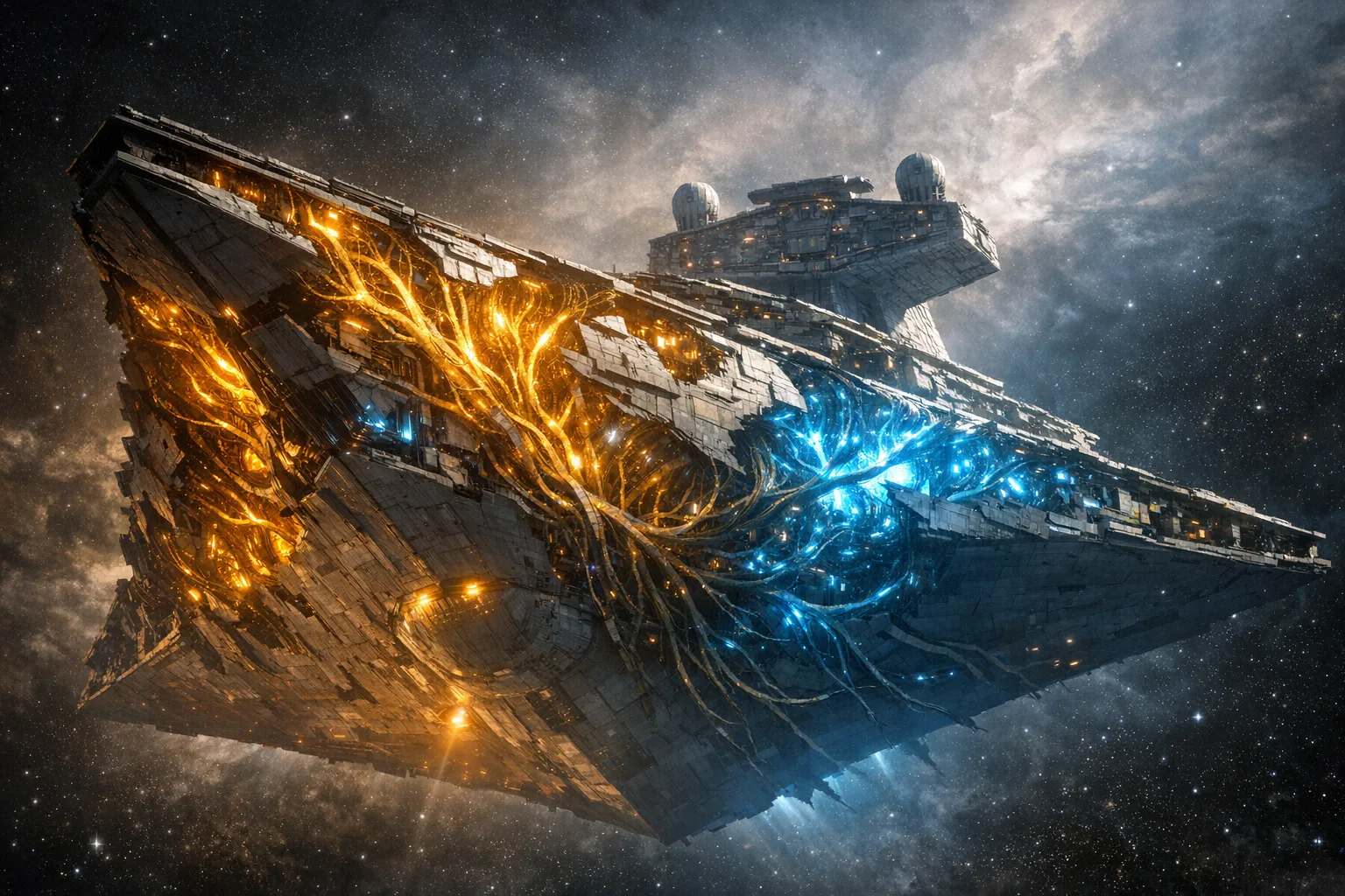 Dramatic cinematic concept art of a massive star destroyer spacecraft being transformed from within by glowing golden circuitry and technological tendrils growing through its hull, set against a deep space nebula background with striking amber and blue lighting