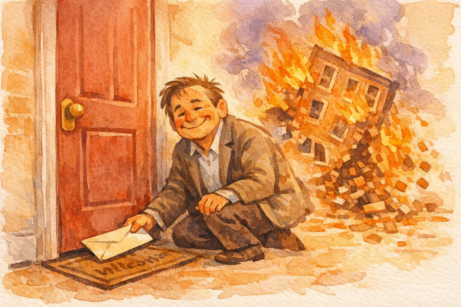Watercolor illustration of a smiling landlord sliding an envelope under a closed red door while the building behind him burns and crumbles in warm orange flames