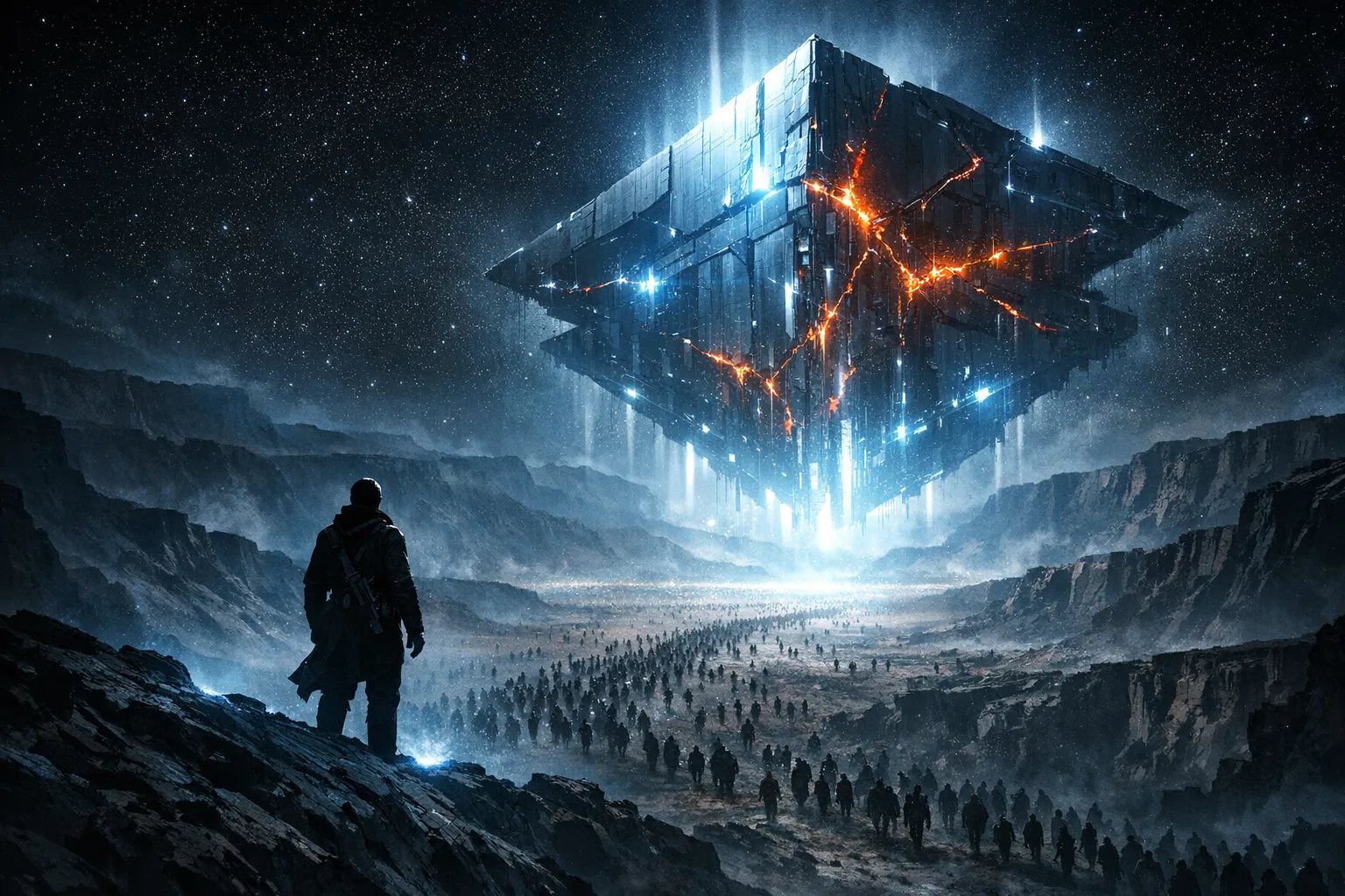 Cinematic sci-fi illustration of a lone figure on a rocky ridge watching thousands of silhouettes march toward a massive glowing but fractured technological structure in a dark starfield sky
