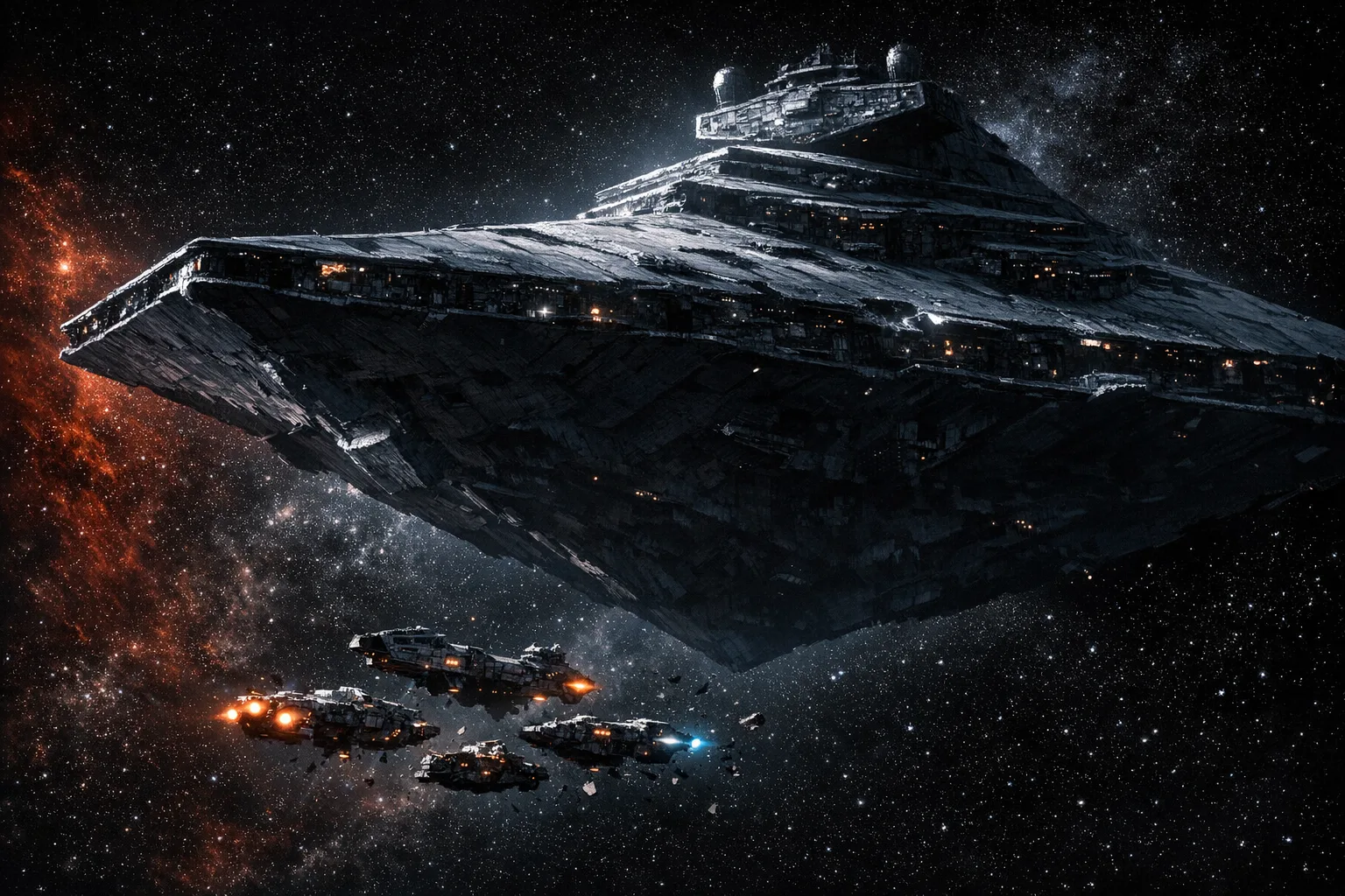 Cinematic sci-fi concept art showing a massive star destroyer looming over a small damaged rebel fleet in deep space, overwhelming scale difference highlighting the futility of the smaller force against entrenched power