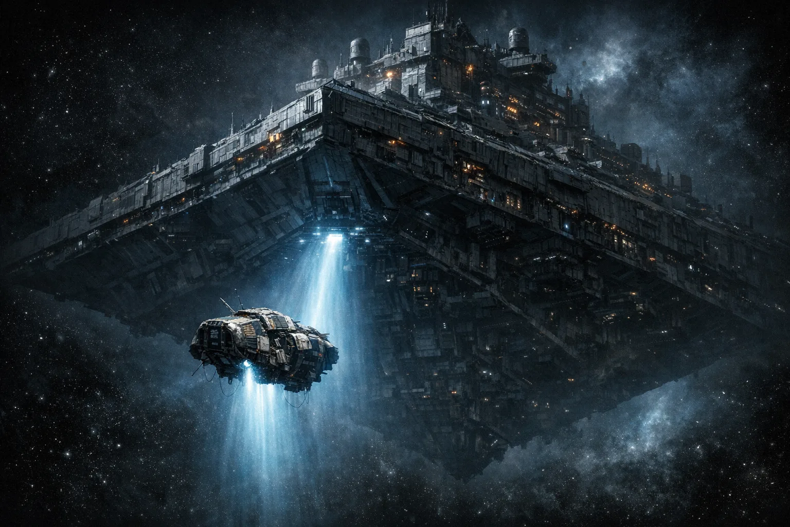 A small weathered spacecraft caught in a tractor beam from a massive angular capital ship in deep space, the size difference between the two vessels conveying total powerlessness against an overwhelming industrial force