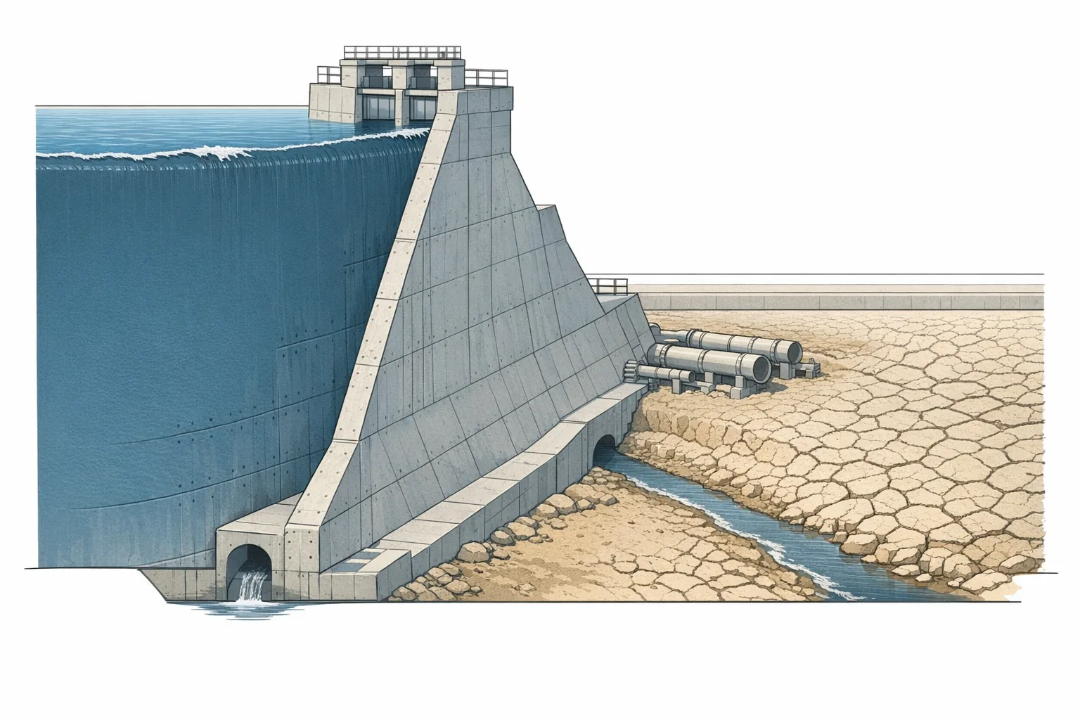 Architectural cross-section illustration of a concrete dam with high water pressure on one side and a dry cracked riverbed on the other, showing a structural redirection of flow