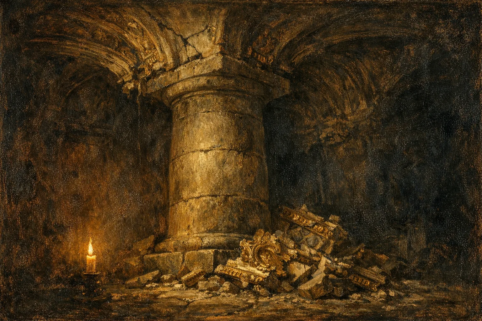 Baroque oil painting of a massive stone column standing intact amid fallen decorative plasterwork and gilded ornamental debris on a stone floor, lit dramatically by candlelight in the style of Rembrandt