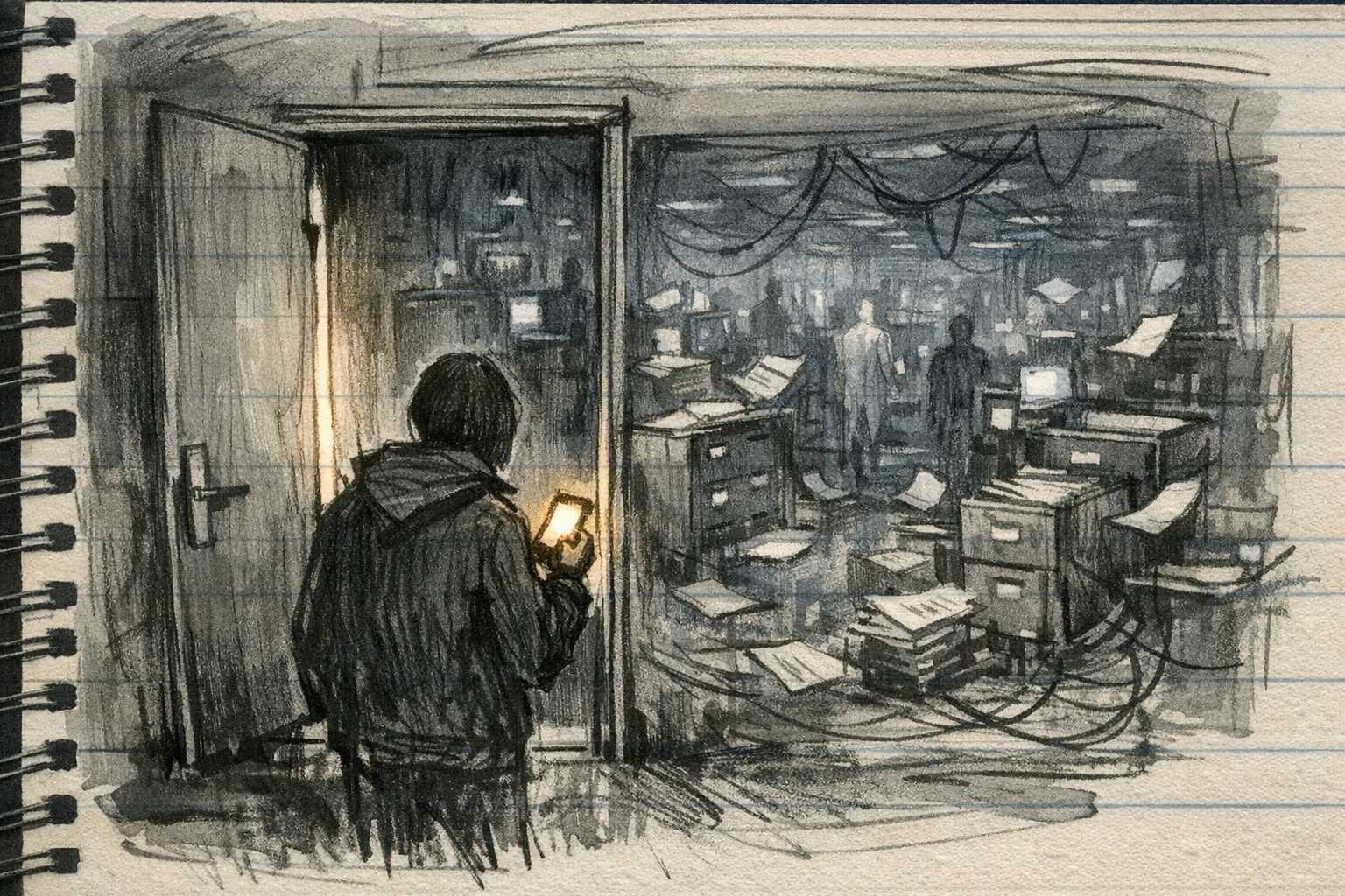 Sketch illustration of a lone figure standing in a stairwell holding a glowing phone while through a cracked door behind them an enormous dark office space stretches back with autonomous activity happening unattended