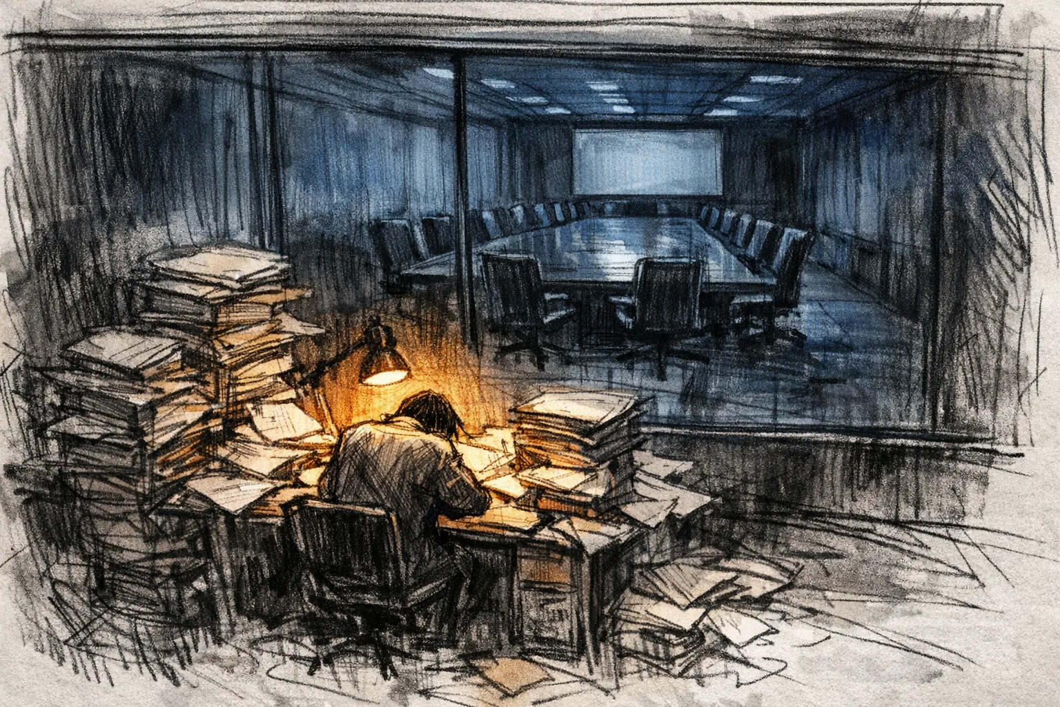 Sketch illustration of a procurement worker alone at a lamp-lit desk covered in contracts and stacked folders, with a large empty boardroom visible in darkness through a glass wall behind them, highlighting the disconnect between daily operational work and executive decision-making