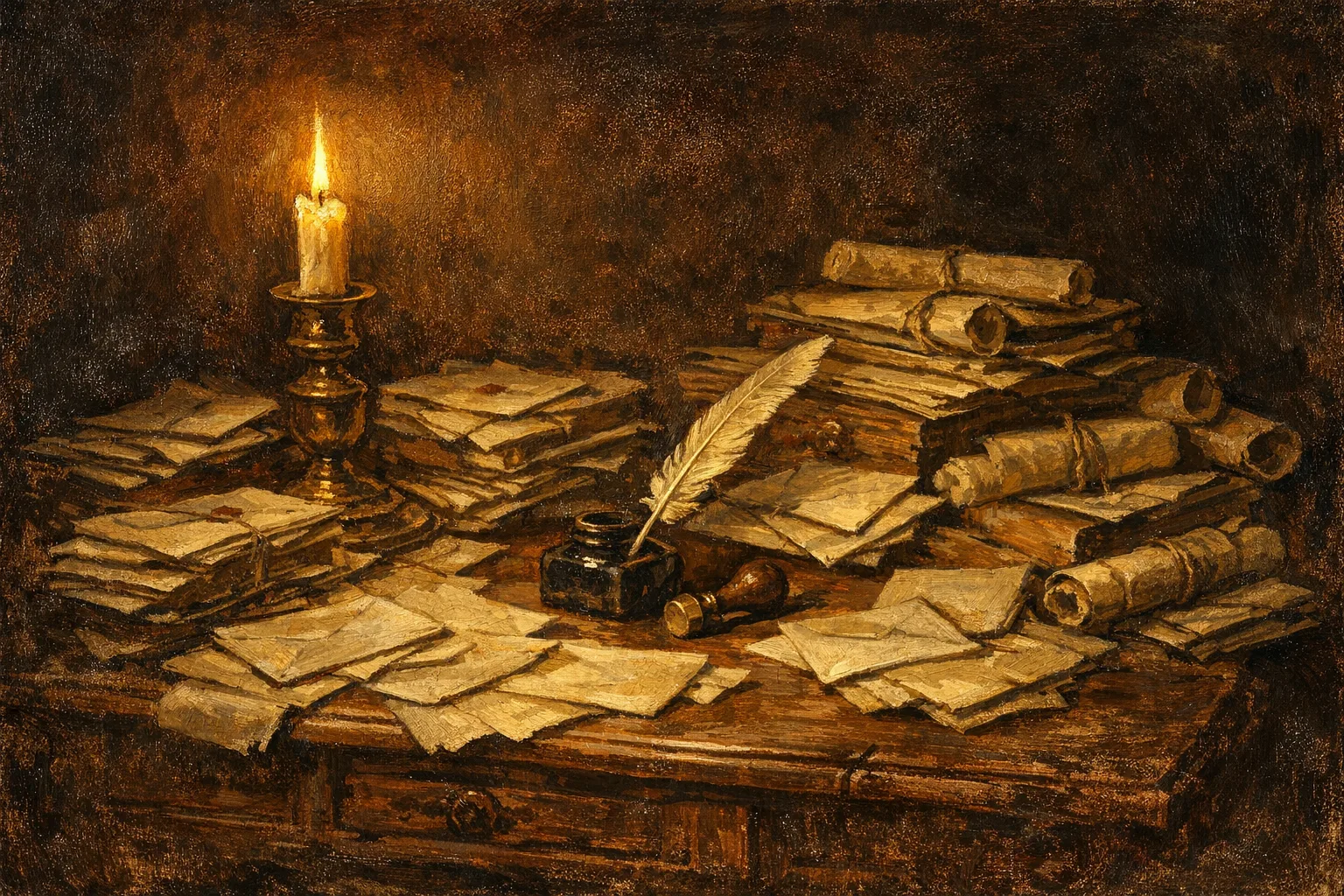 Baroque oil painting of a candlelit writing desk overflowing with sealed letters and envelopes, rendered in warm Rembrandt-style lighting with deep shadows