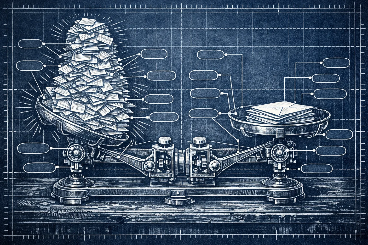 Technical blueprint illustration of two antique merchant balance scales side by side, one tipping under a massive overflowing pile of contact cards and one sitting level with a small neat stack of envelopes, rendered in precise cross-section engineering diagram style on navy blueprint paper