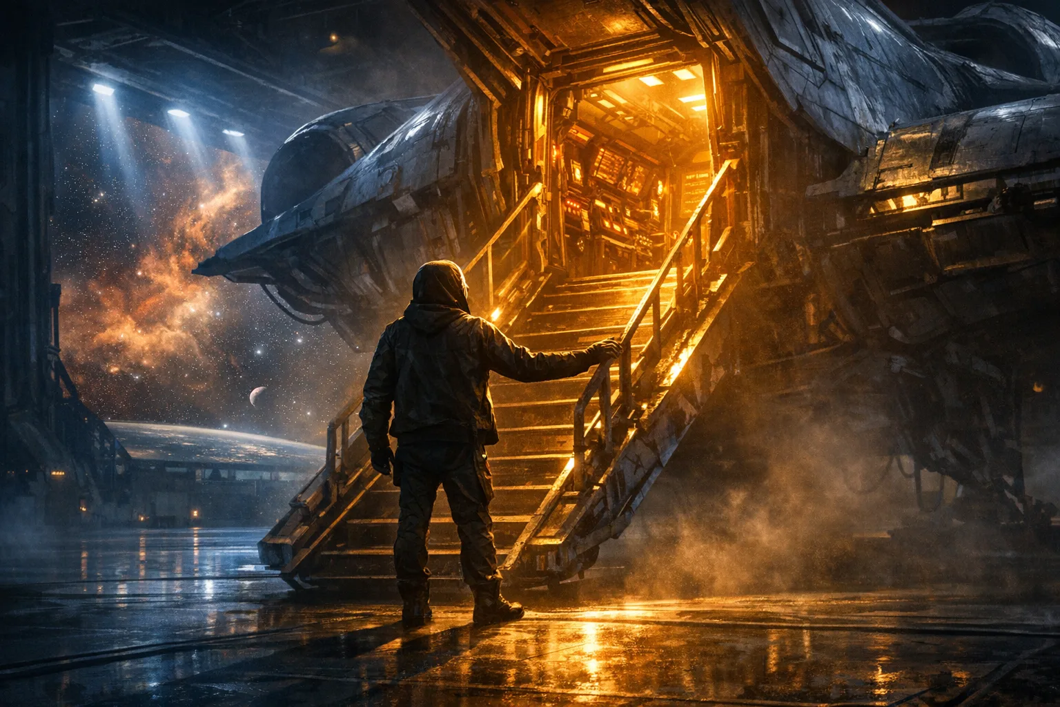 A lone figure stands at the ramp of a worn spaceship in a dramatic hangar, bathed in warm golden light from the open hatchway, with deep space visible in the background - conveying unexpected discovery and quiet confidence