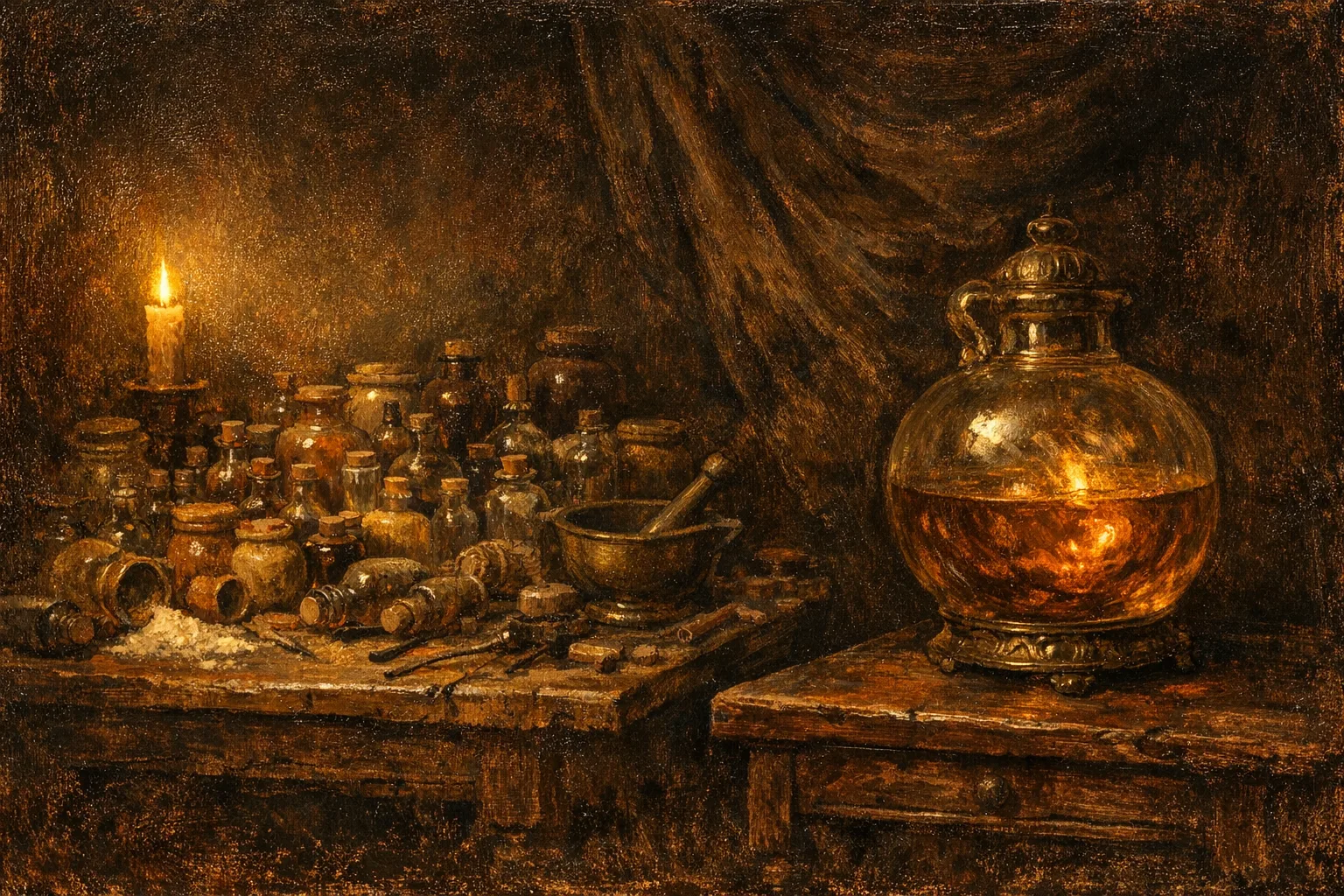 Baroque oil painting showing two apothecary tables, one covered in many small vials and ingredient jars representing multiple data sources, and one holding a single large ornate vessel representing an all-in-one platform, lit dramatically by candlelight in the style of Dutch Golden Age painting