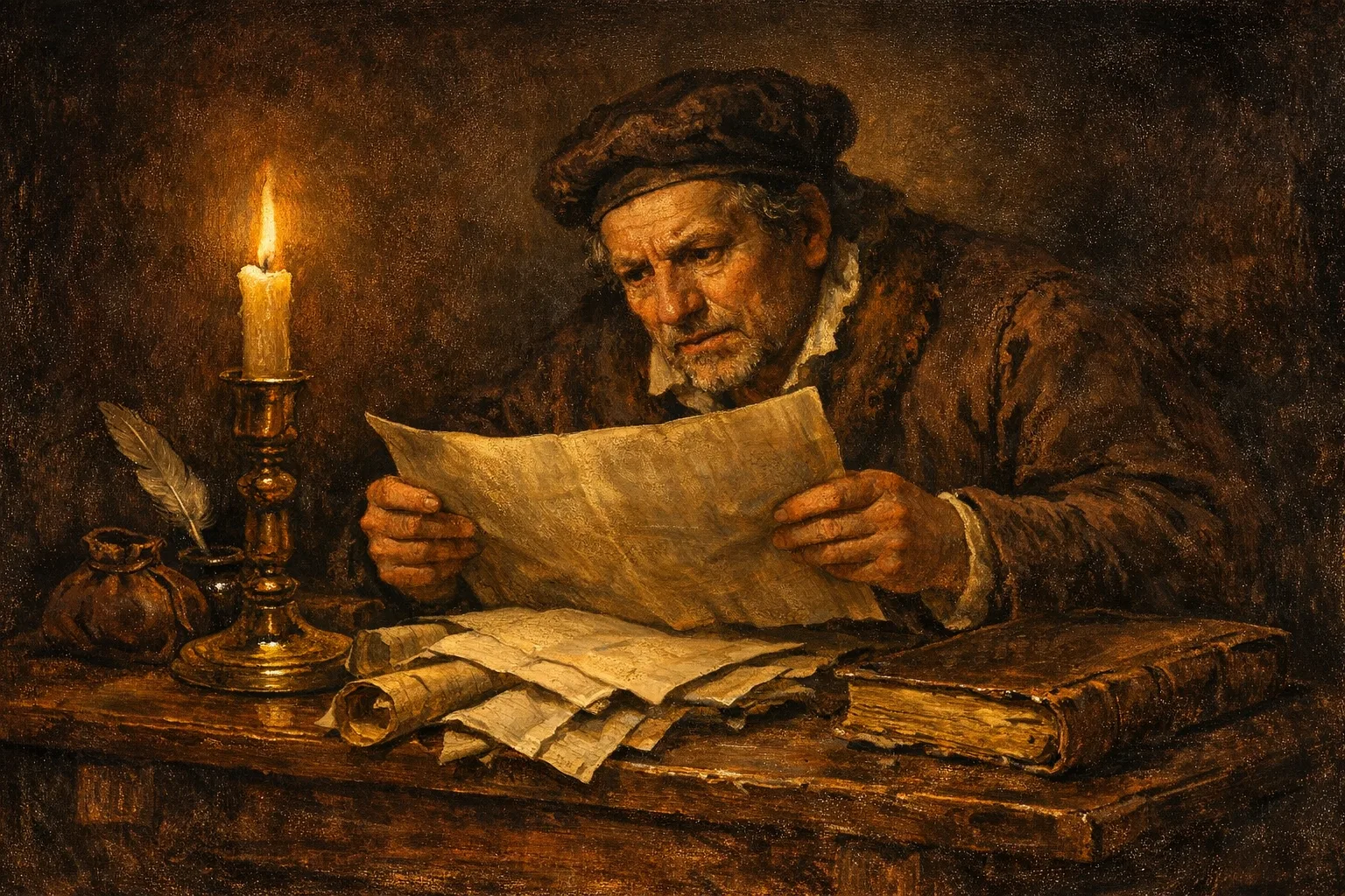 Baroque oil painting of a merchant at a candlelit desk discovering hidden documents beneath a main parchment, symbolizing unexpected costs in software pricing