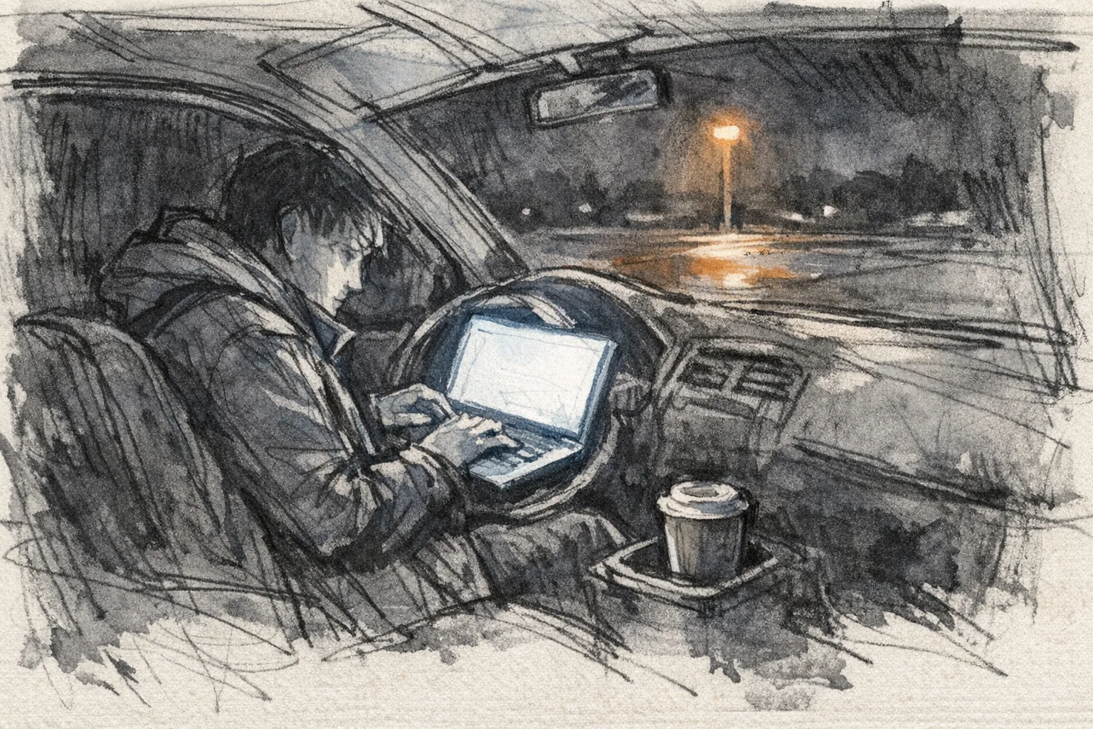Expressive pencil and ink wash sketch of a tired person sitting alone in a car at night, laptop open on the steering wheel, face lit by screen glow in a dark empty parking lot