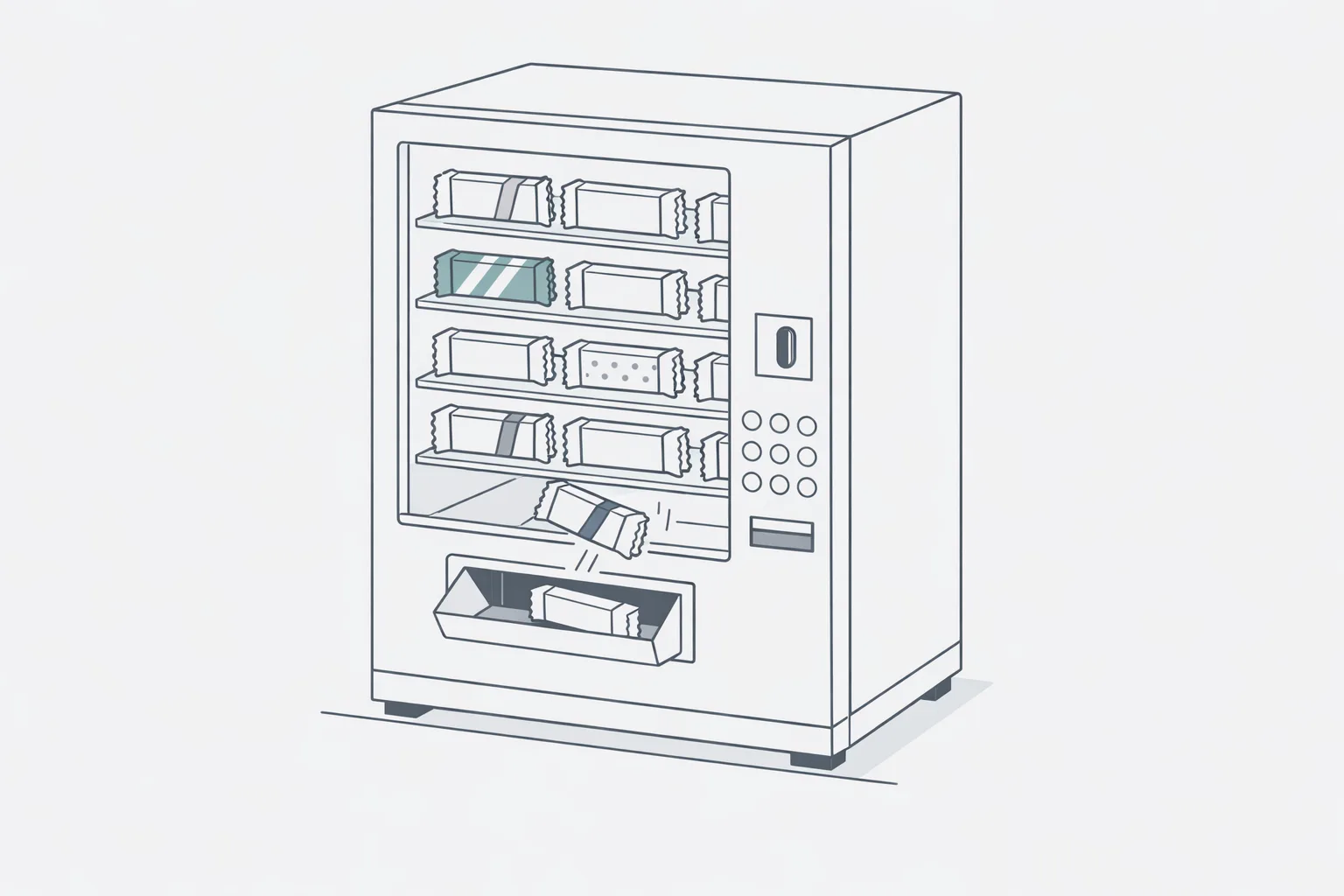 Technical illustration of a vending machine dispensing candy bars with slightly different wrappers but identical shapes, representing automated outreach personalization that follows a recognizable pattern