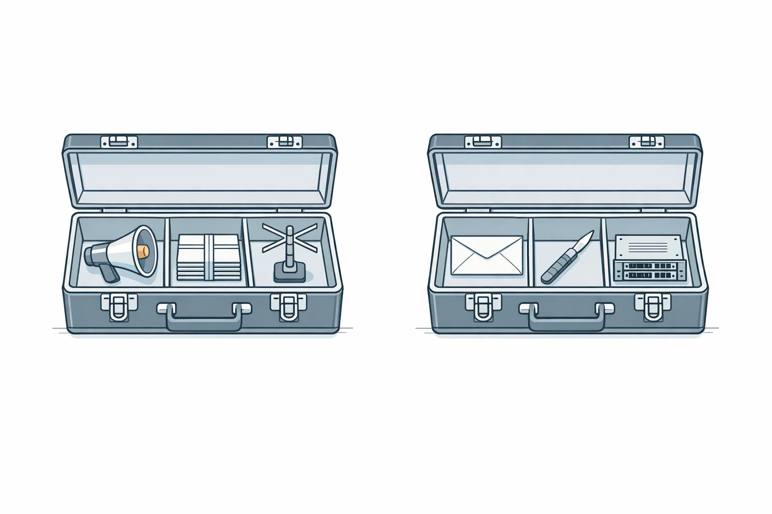 Two identical open toolboxes side by side containing completely different internal components, illustrating the difference between cold email outreach tools and traditional email marketing platforms