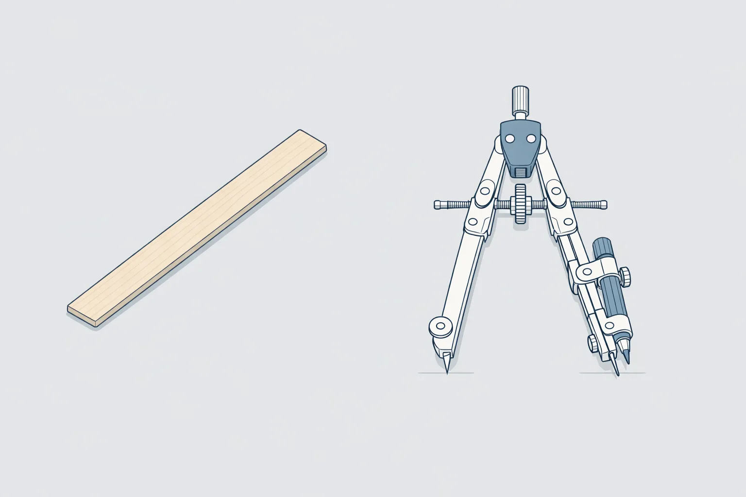 Minimal technical illustration comparing a simple wooden ruler and a complex precision drafting caliper on a neutral grey surface, representing the tradeoff between simplicity and depth in CRM tools