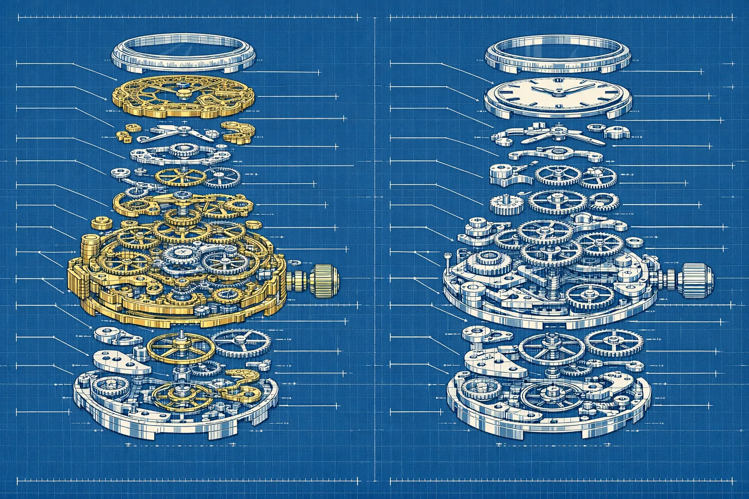 Technical blueprint cross-section illustration of two wristwatches fully disassembled in exploded view side by side, showing internal gears springs and mechanical components in precise engineering drawing style