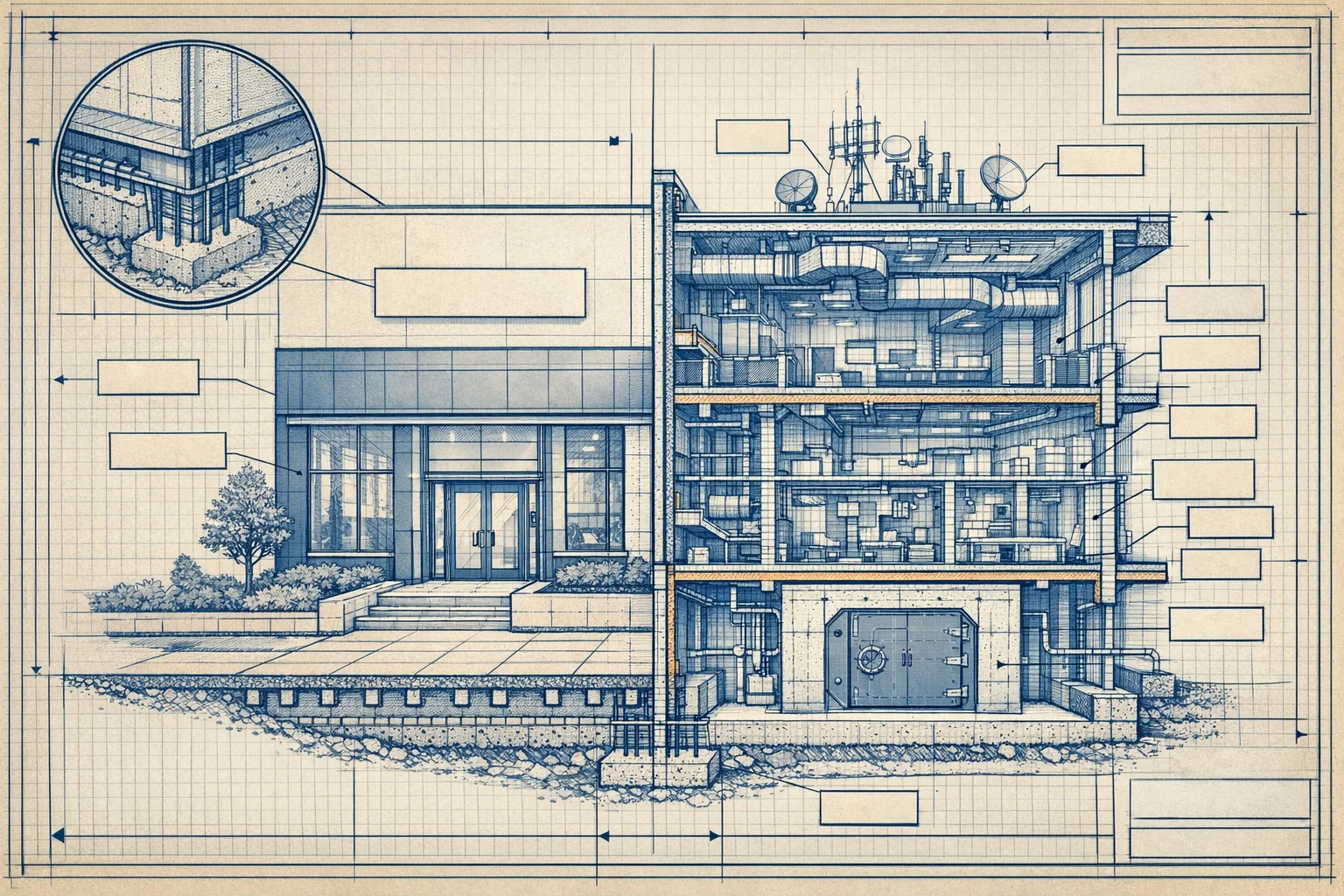 Technical blueprint cross-section illustration of a commercial building showing both pristine exterior facade and detailed interior systems including foundation, electrical, plumbing, and secure vault room, rendered in dense engineering schematic style