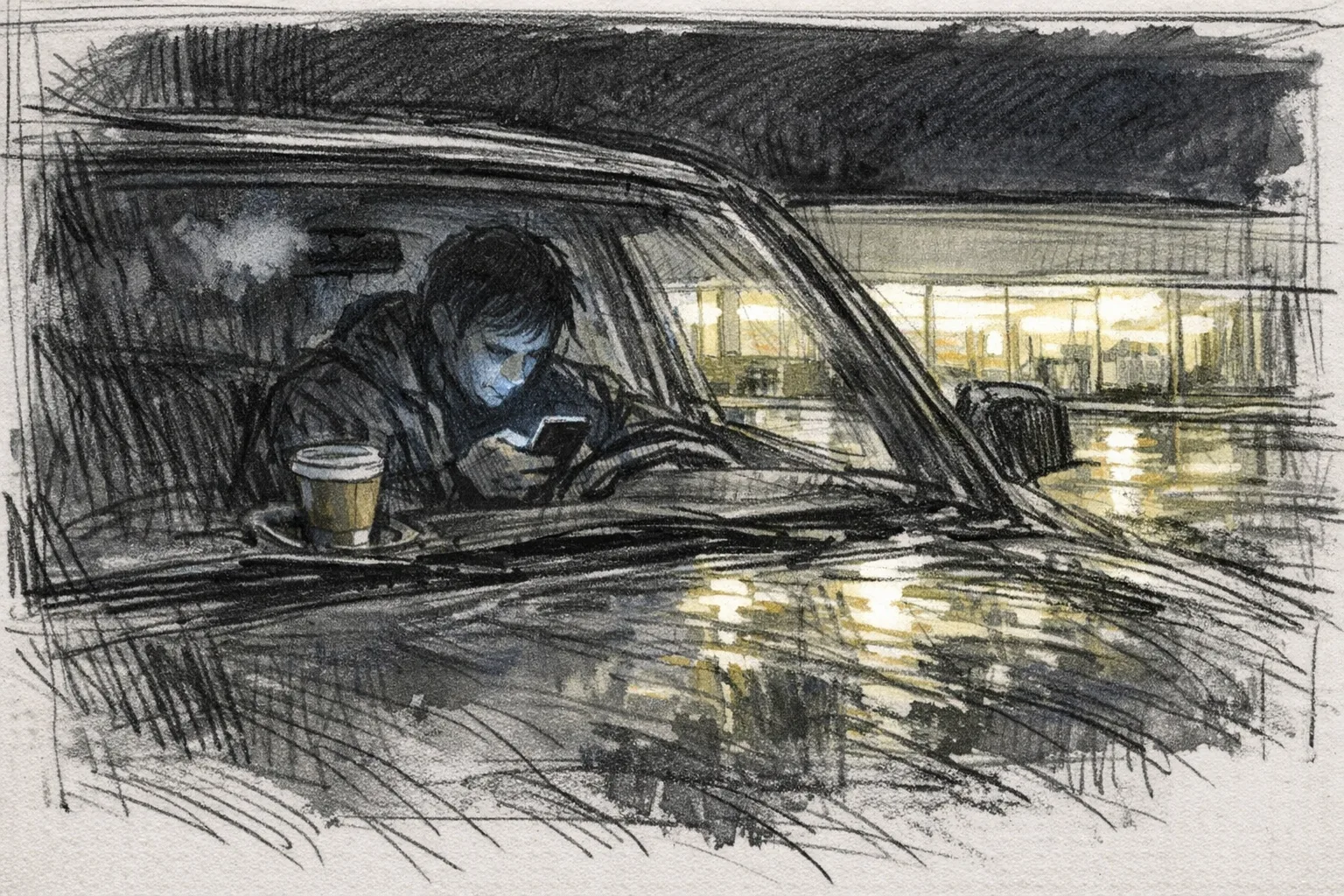 Sketch illustration of a person sitting alone in a parked car at night, face lit by a phone screen, outside a glowing pharmacy storefront with wet asphalt reflecting storefront light