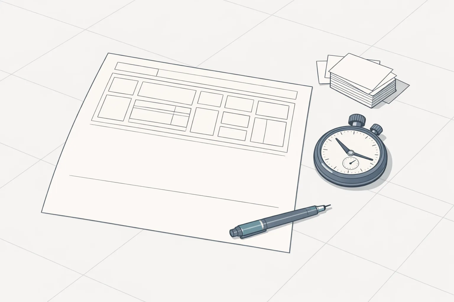 Minimal technical illustration of a drafting table with a partially completed blueprint, an uncapped technical pen, a mechanical stopwatch, and a fanned stack of index cards, rendered in thin precise lines on a white surface