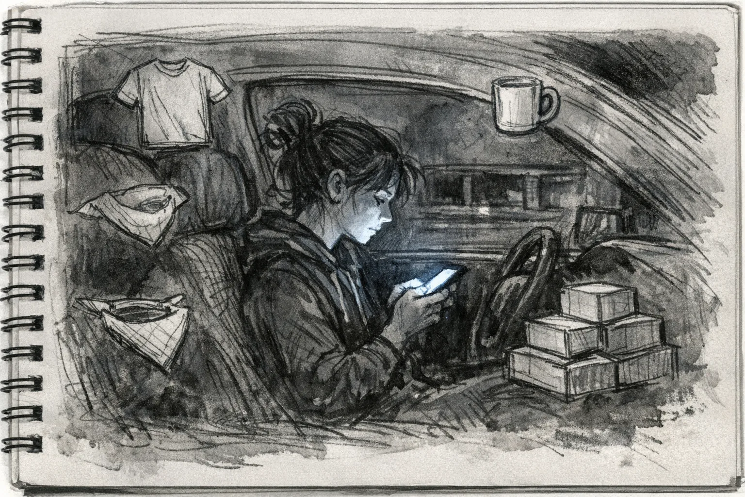 Expressive pencil and ink sketch of a person sitting alone in a dark car, face lit by a phone screen glow, surrounded by floating rough sketches of print-on-demand products like t-shirts and mugs