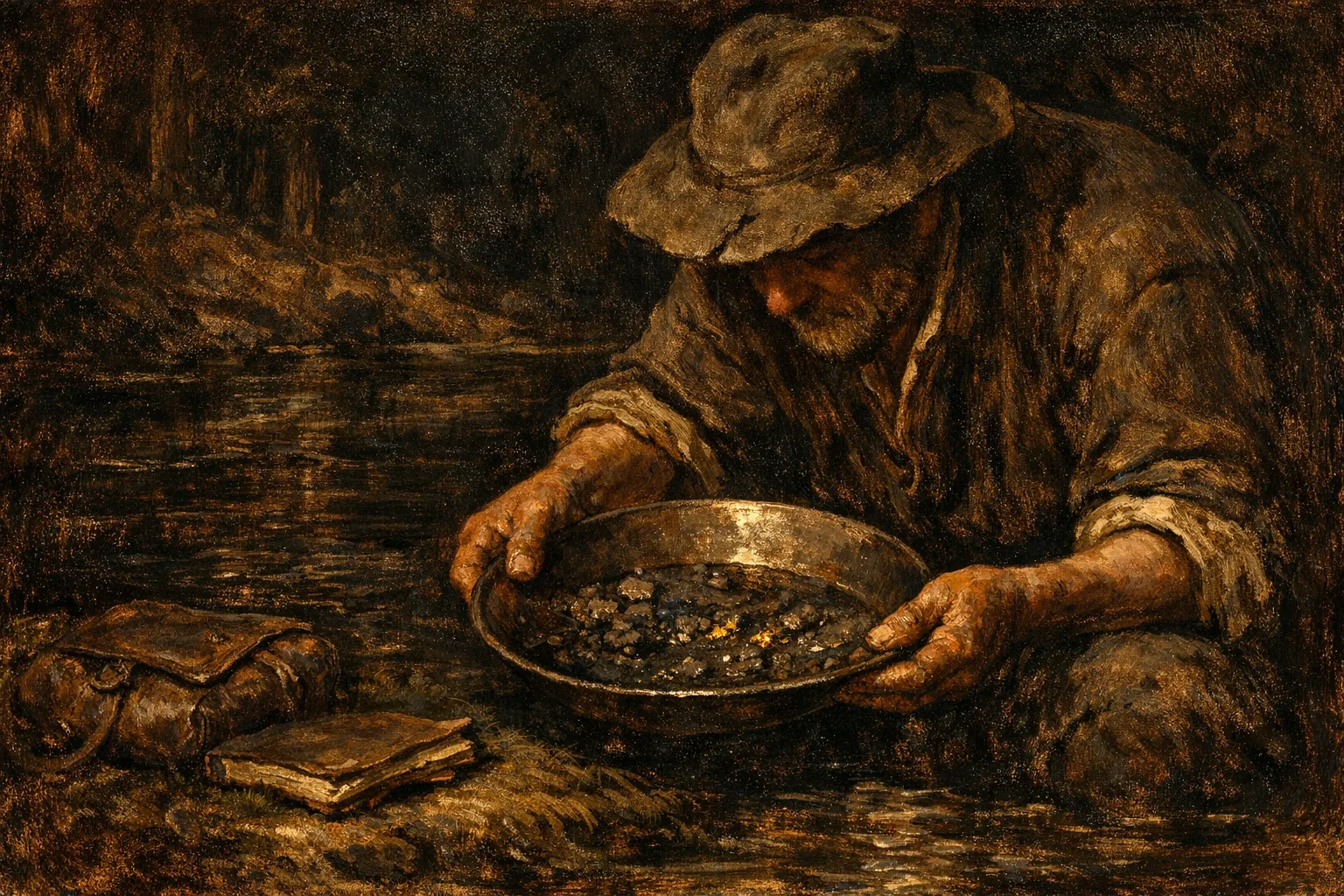 Baroque oil painting of a figure panning for gold in a dark river, finding mostly mud and stones with a few small gold flakes glinting in warm Rembrandt-style light