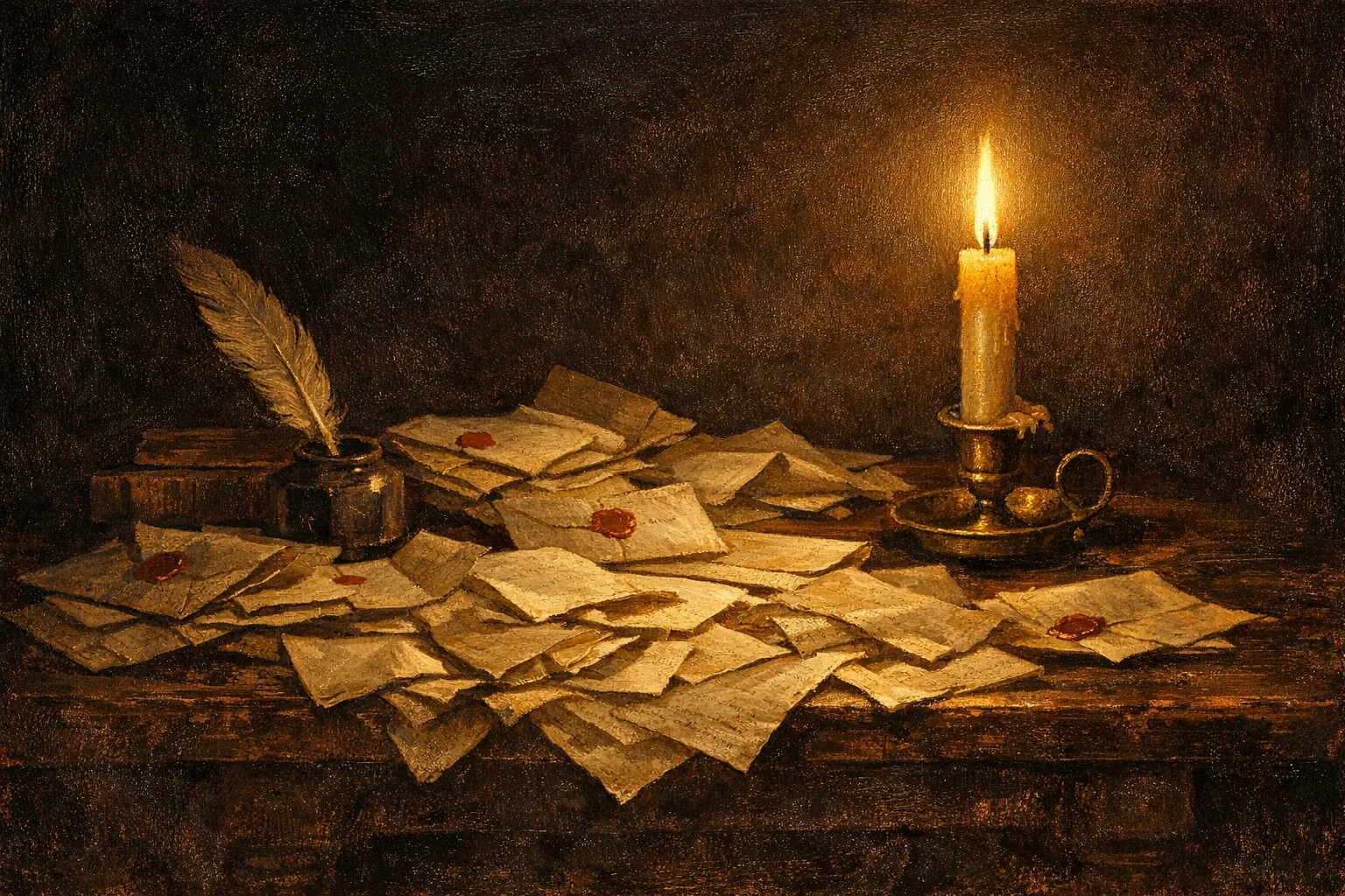 Baroque oil painting of a single candle illuminating a dark table covered in sealed and opened letters and envelopes in the style of Dutch Golden Age masters