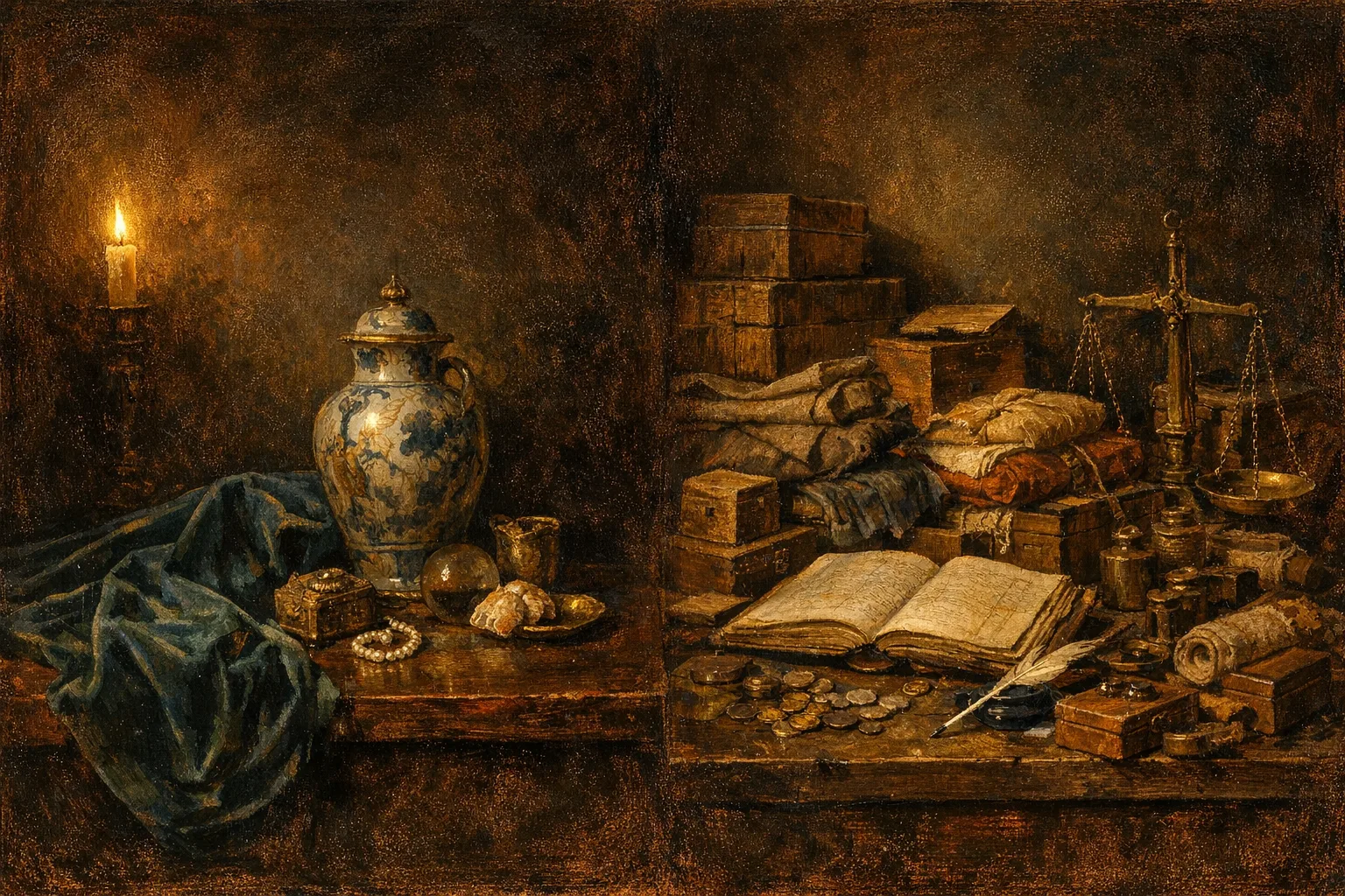 Baroque oil painting showing two contrasting merchant tables - one sparse and decorative with elegant objects, the other dense with crates, ledgers, and trade goods, illustrating the difference between design-first and commerce-first platforms