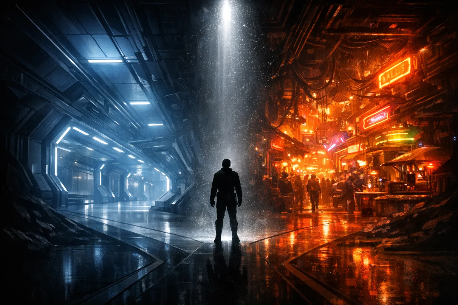 Silhouetted figure standing at a fork between a clean minimalist space station corridor and a chaotic neon-lit cantina passage, dramatic cinematic sci-fi lighting