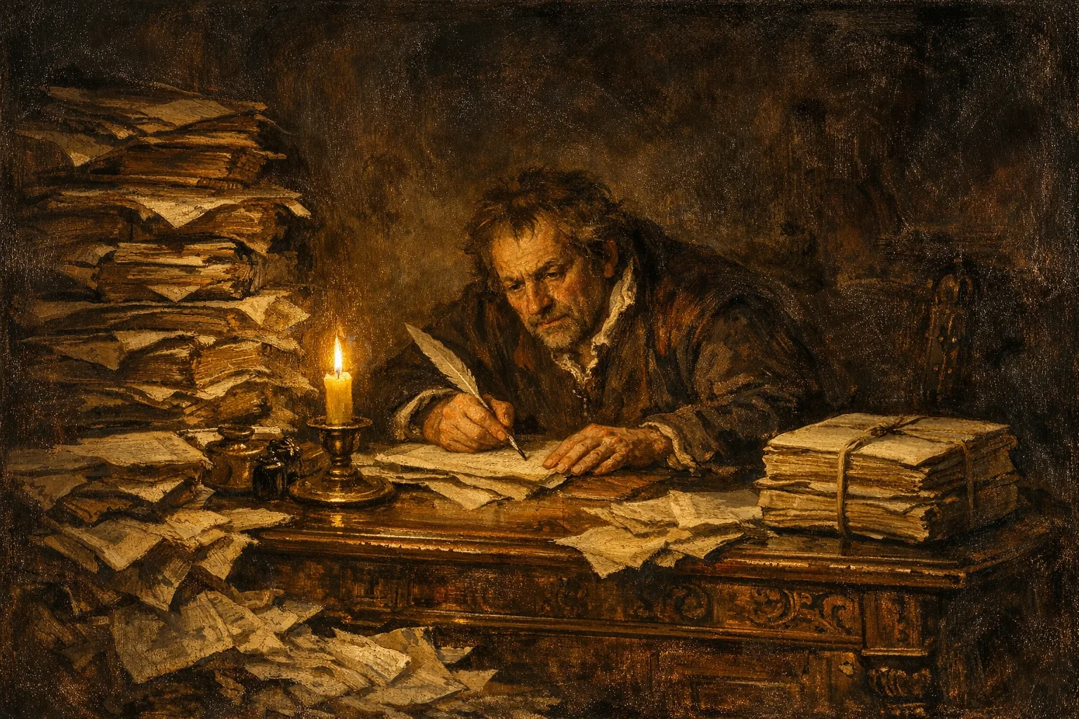Baroque oil painting of a merchant clerk at a candlelit desk surrounded by towering stacks of parchment ledgers and loose papers, with a single neat organized stack to one side, in the style of Rembrandt with dramatic warm amber lighting and deep shadows