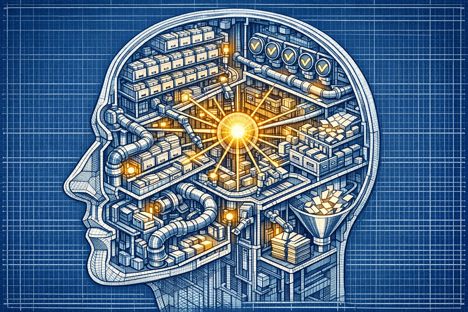 Technical blueprint cross-section illustration of a human head with the interior replaced by an elaborate mechanical filing system, conveyor belts, and interconnected document storage chambers representing organized business knowledge management